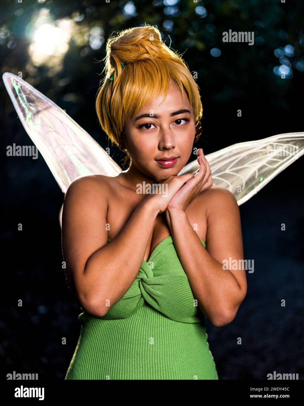 Beautiful Happy Asian Woman Tinkerbell Costume Woods Moody Back Lighting Stock Photo