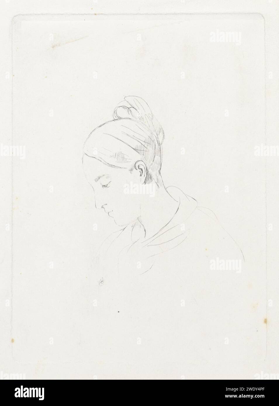 Head of a young woman, Cornelia Marjolin -Scheffer, 1845 - 1899 print Head of a young woman with a headscarf. She has knocked her eyes down and bends her head slightly forward. Paris paper etching head bent forward; bowing - AA - female human figure Stock Photo