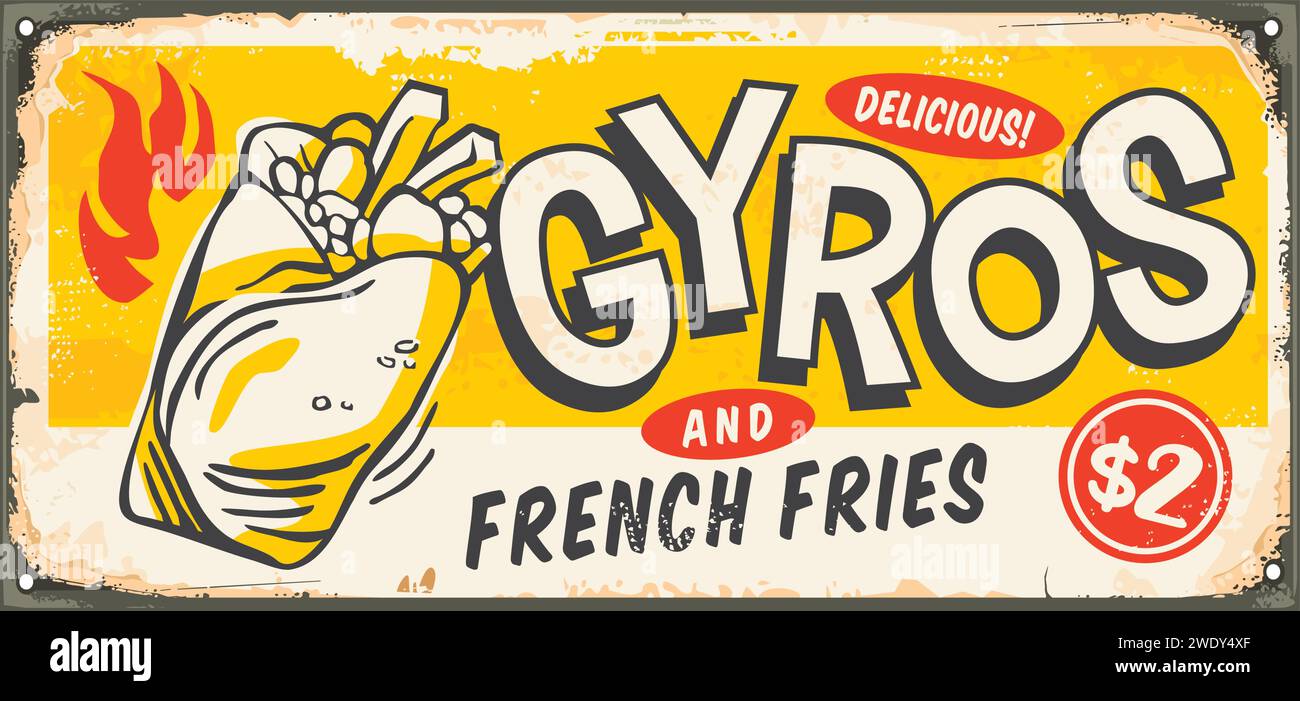 Gyros sign design for Greek fast food. Retro advertisement with delicious gyros graphic. Vector food illustration. Stock Vector
