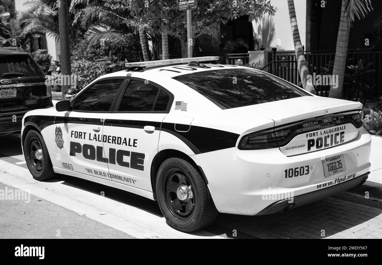 Miami, Florida USA - March 25, 2023: Dodge Charger police emergency car in miami fort lauderdale, corner view Stock Photo