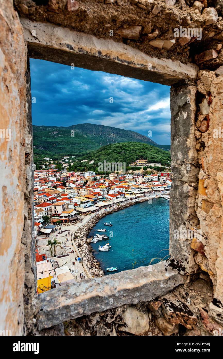 Partial view of Parga town from its castle. Preveza, Epirus, Greece. Stock Photo