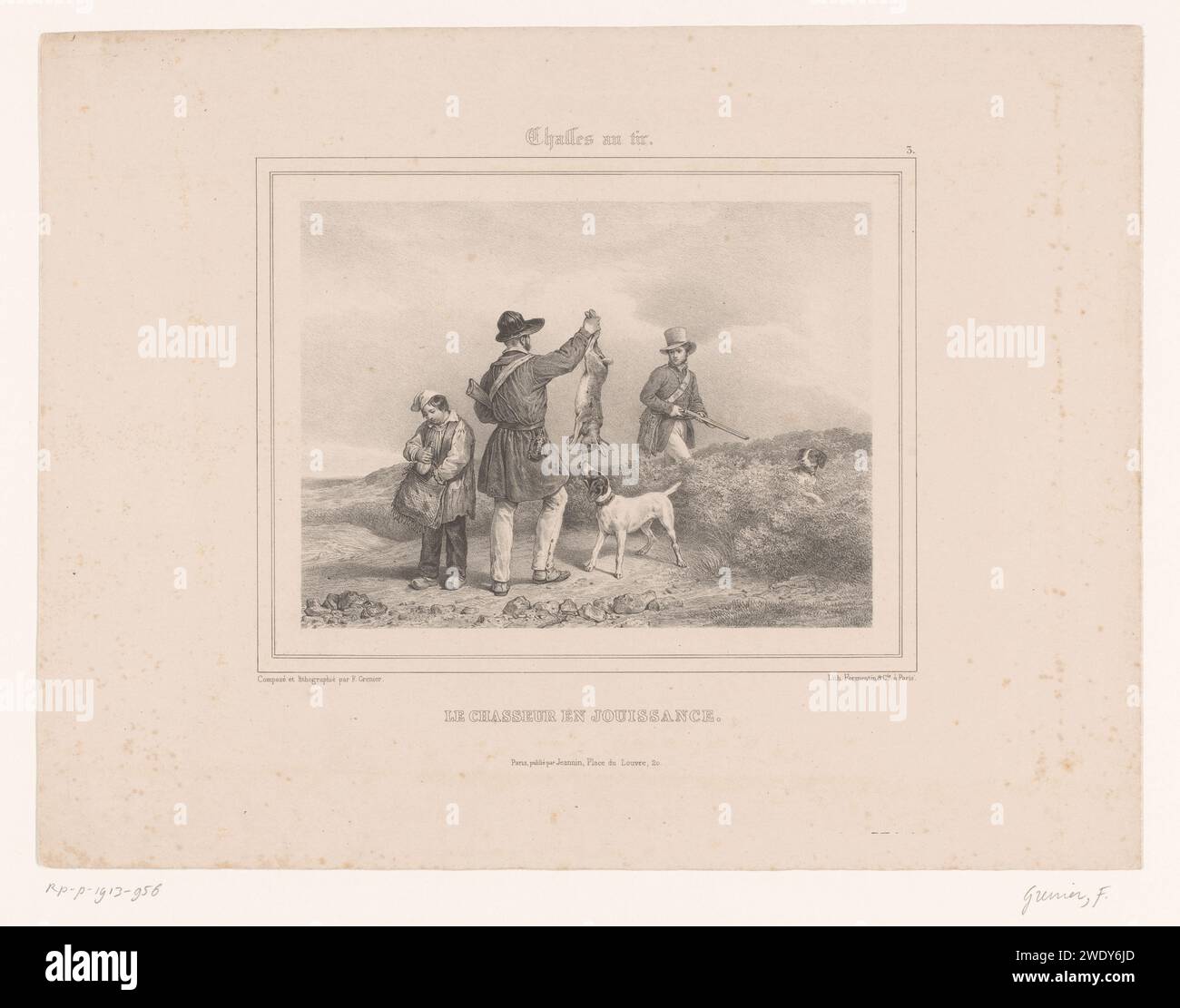 Jager shows other hunter's shot Haas, François Grenier, 1831 - 1846 print  Paris paper  hunter. hare-hunting, rabbit-hunting. firearms: rifle Stock Photo