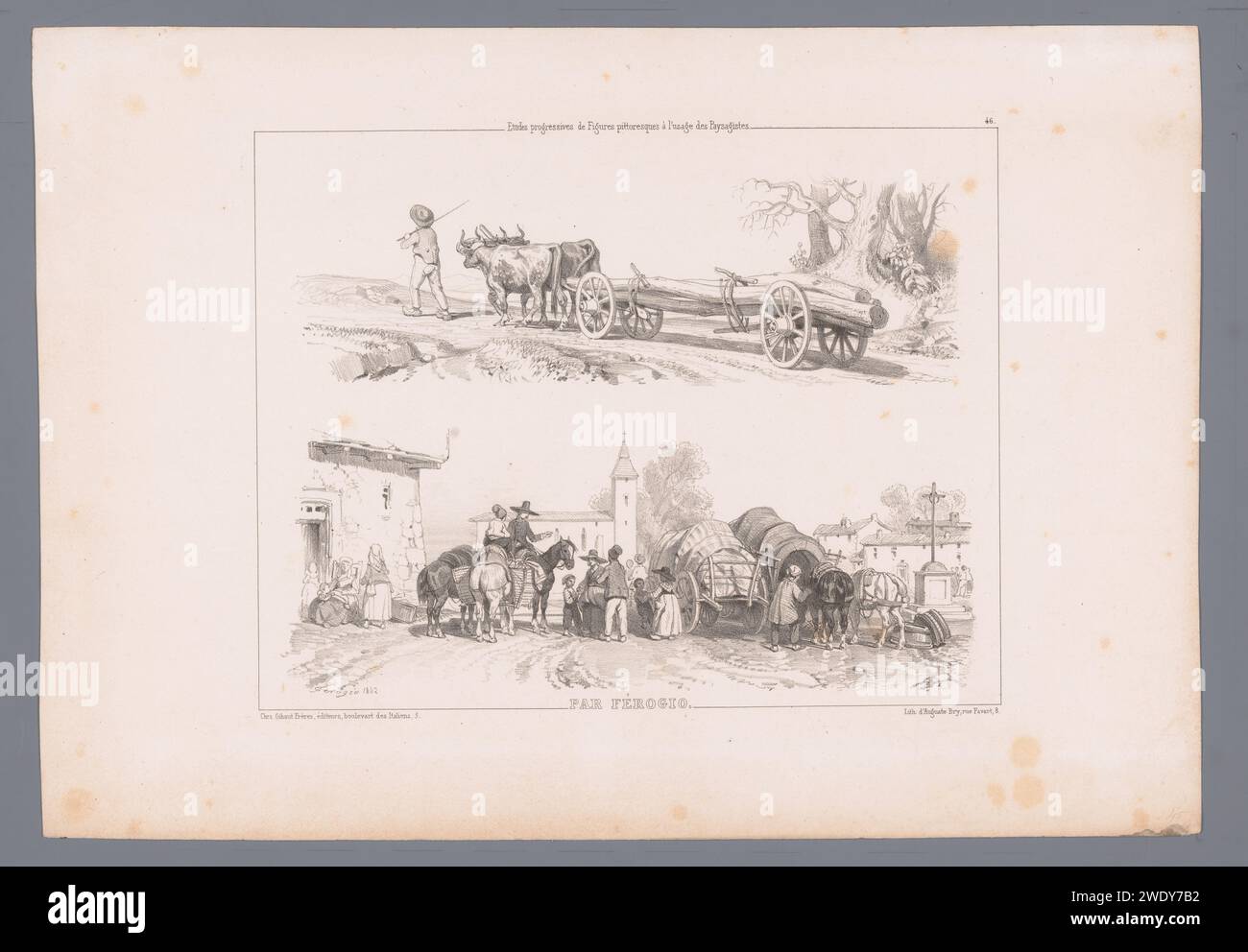 Two oxen transport tree trunks and village square with covered wagons