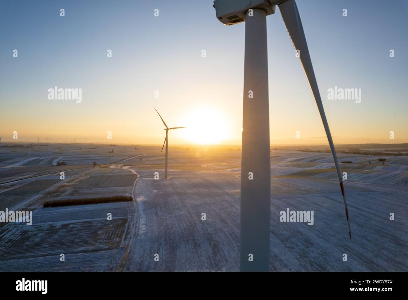 Aerial view of wind turbine field Stock Photo
