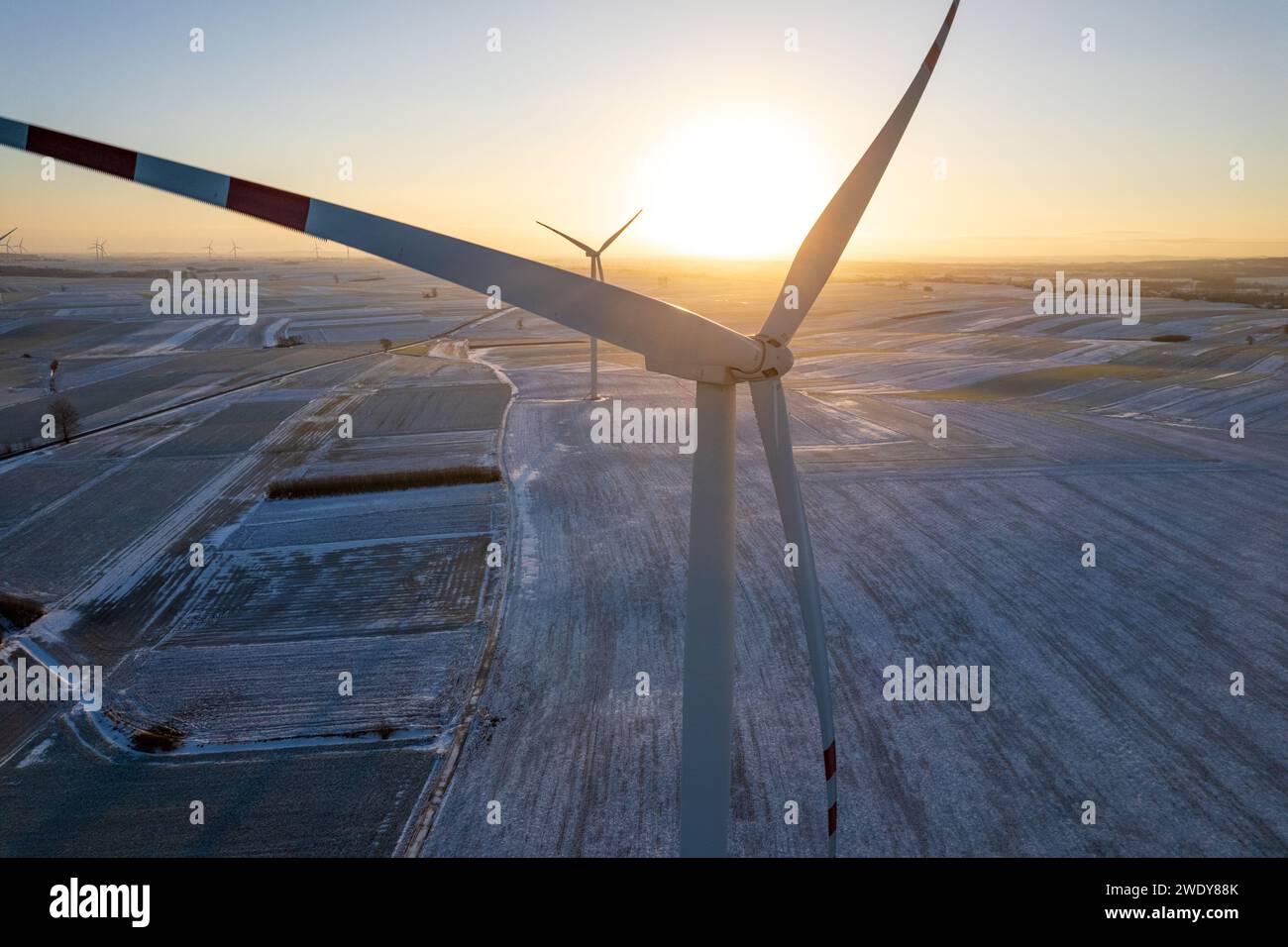 Aerial view of wind turbine field Stock Photo