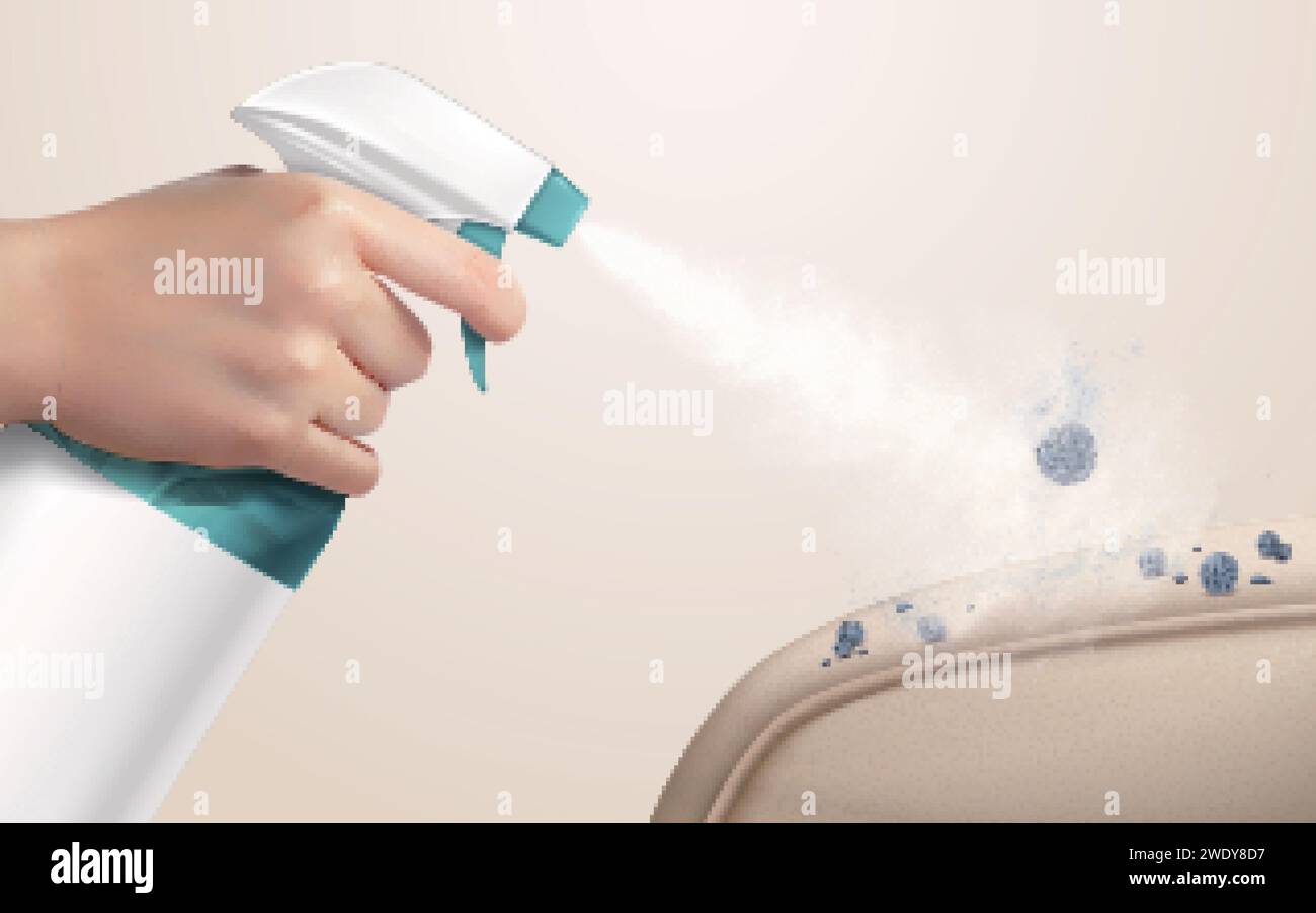 Realistic hand holding trigger spray bottle to disinfect couch armrest