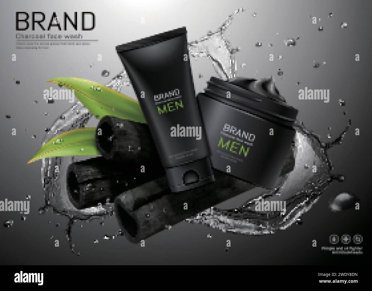 Charcoal men face wash ads with splashing water effect in 3d