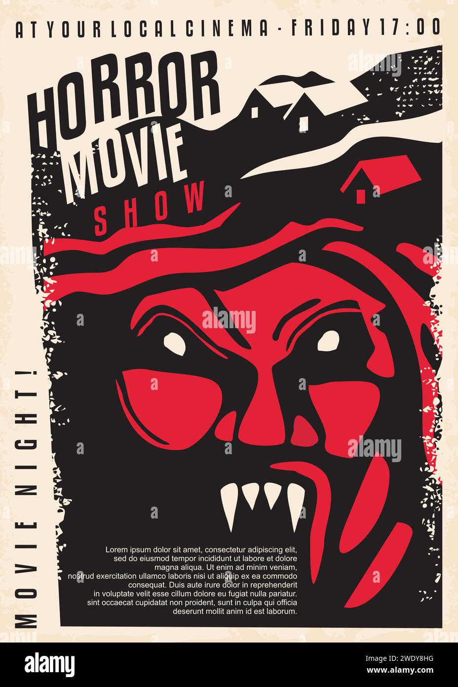 Horror movie retro poster design with vampire monster graphic. Cinema event document template for horror film festival. Scary vector. Stock Vector