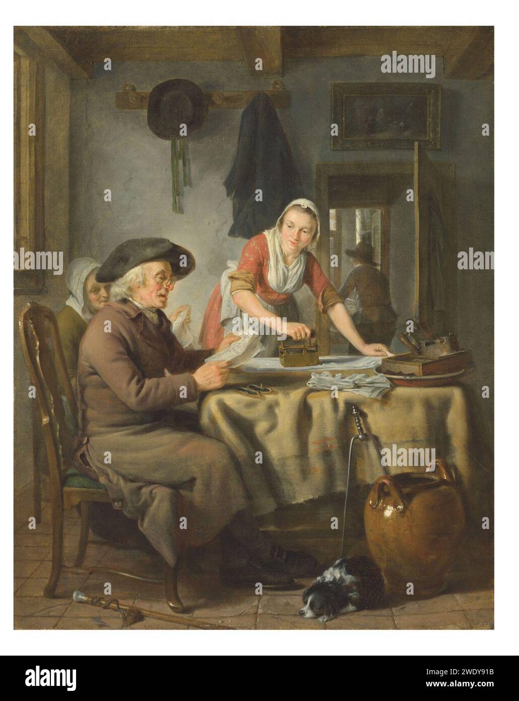 Adriaan de lelie an old woman frying pancakes in a kitchen with a maid073420). Stock Photo