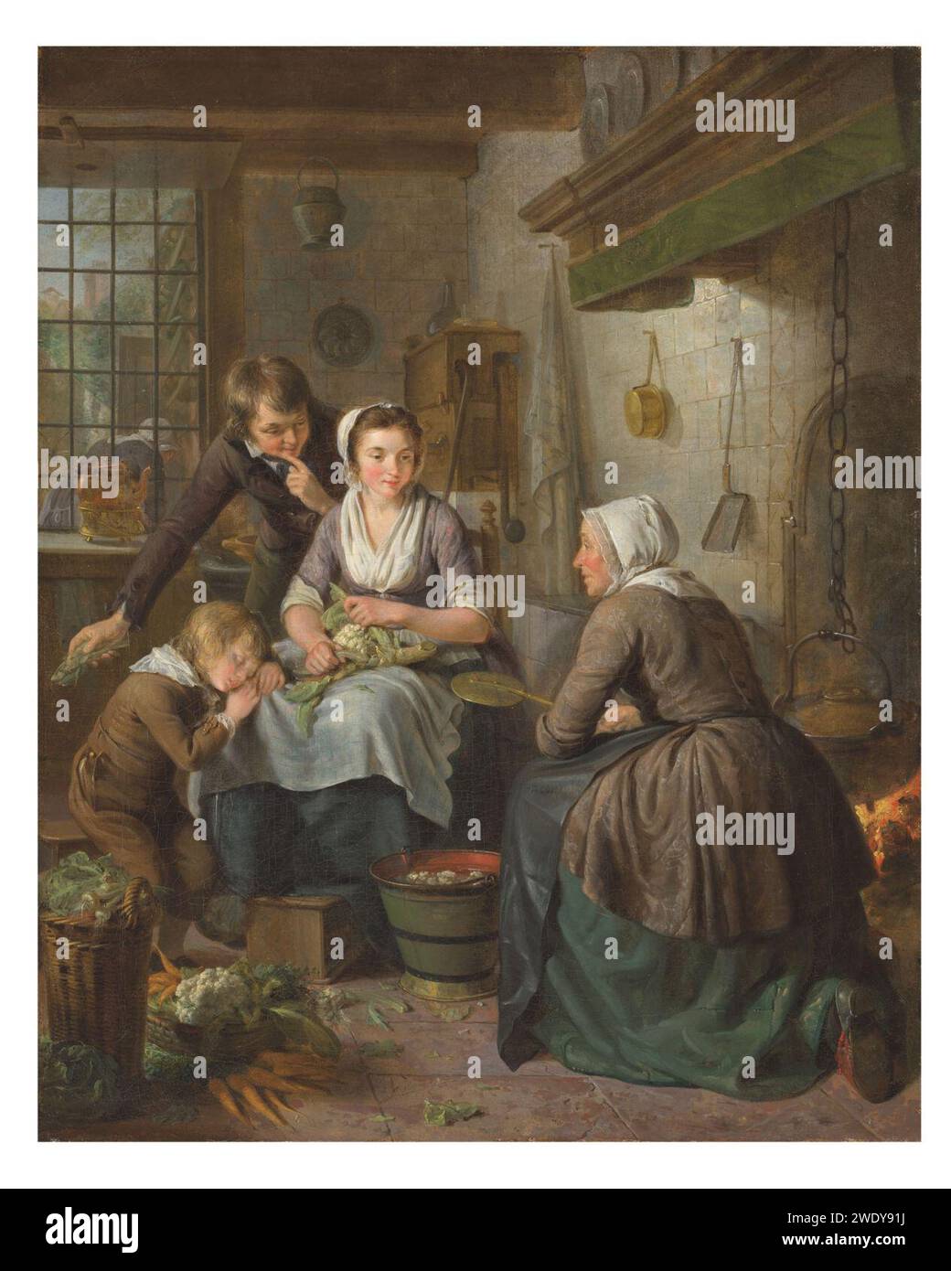 Adriaan de lelie an old woman frying pancakes in a kitchen with a maid073420) (1). Stock Photo