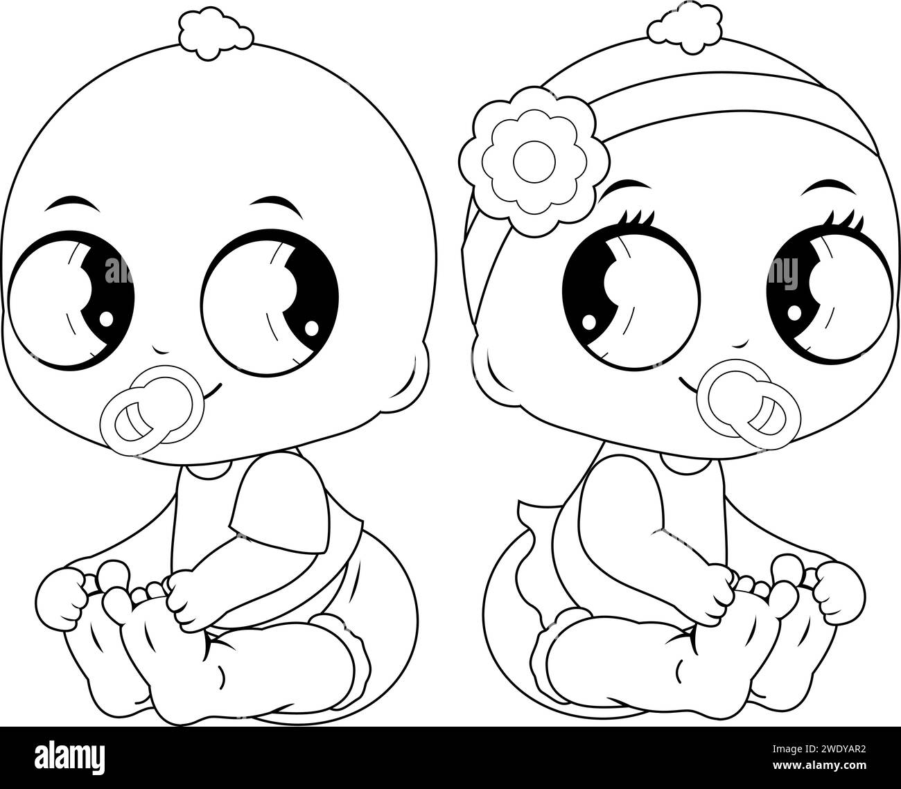 Cute baby girl and boy. Cute baby girl and baby boy with pacifiers. Vector black and white coloring page. Stock Vector