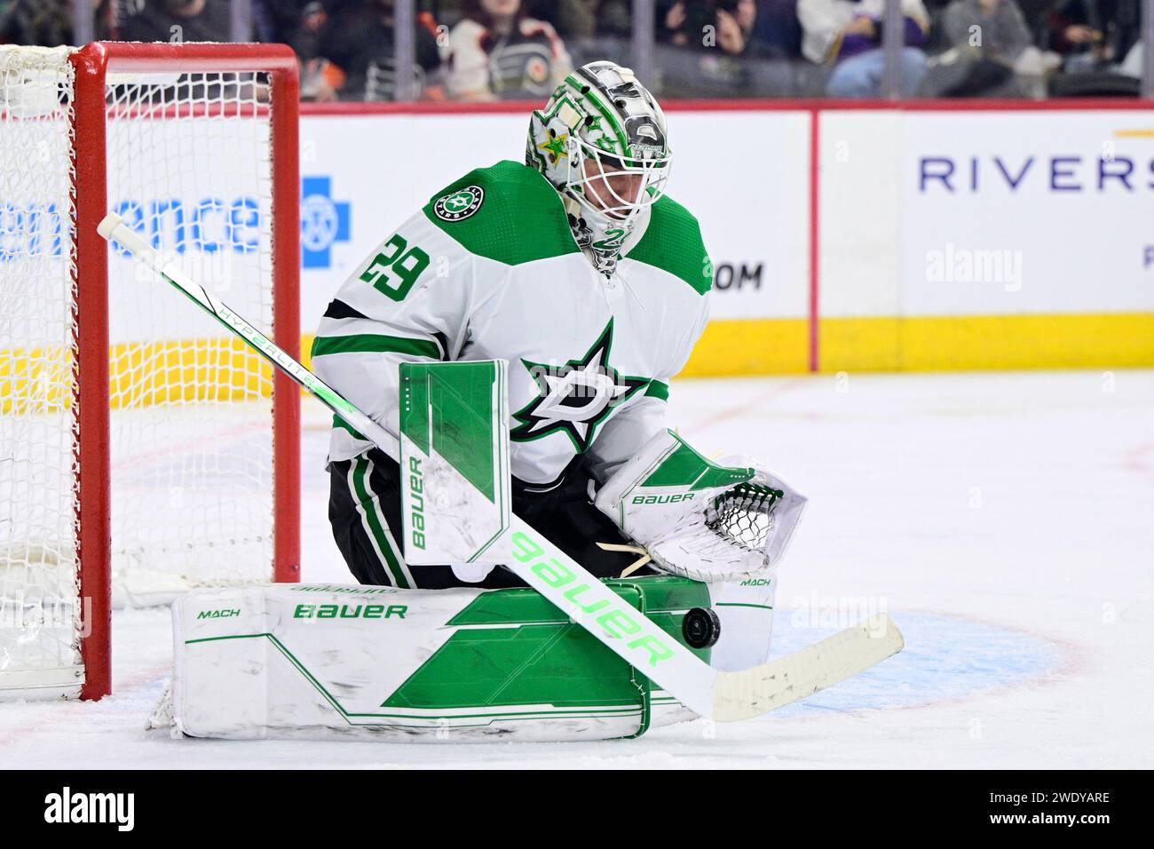 Dallas Stars goaltender Jake Oettinger in action during an NHL hockey ...