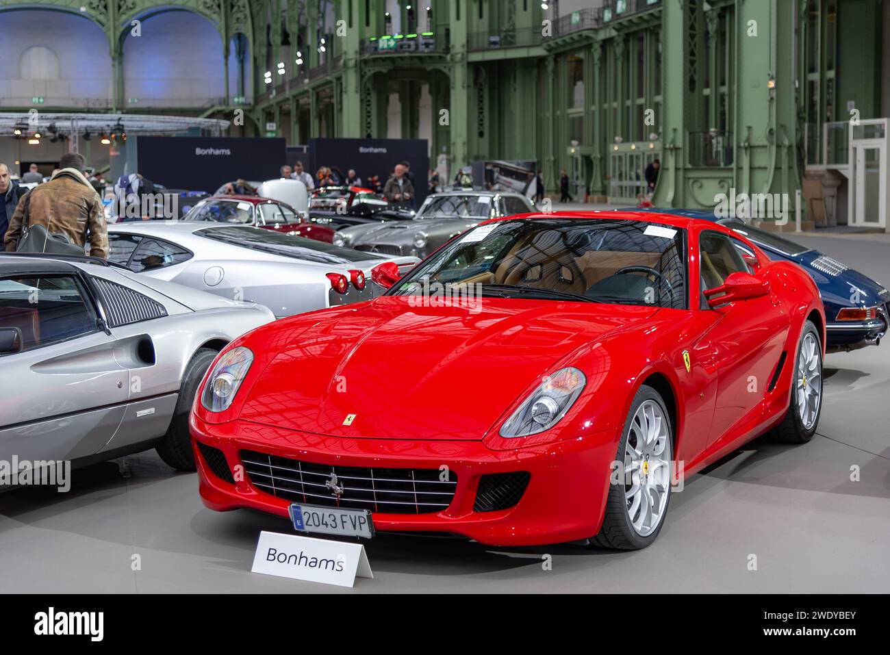 Bonhams 2020 sale at the Grand Palais in Paris. Focus on a red 2007 Ferrari 599 GTB Fiorano. Chassis no. ZFFFD60B000151959. Stock Photo