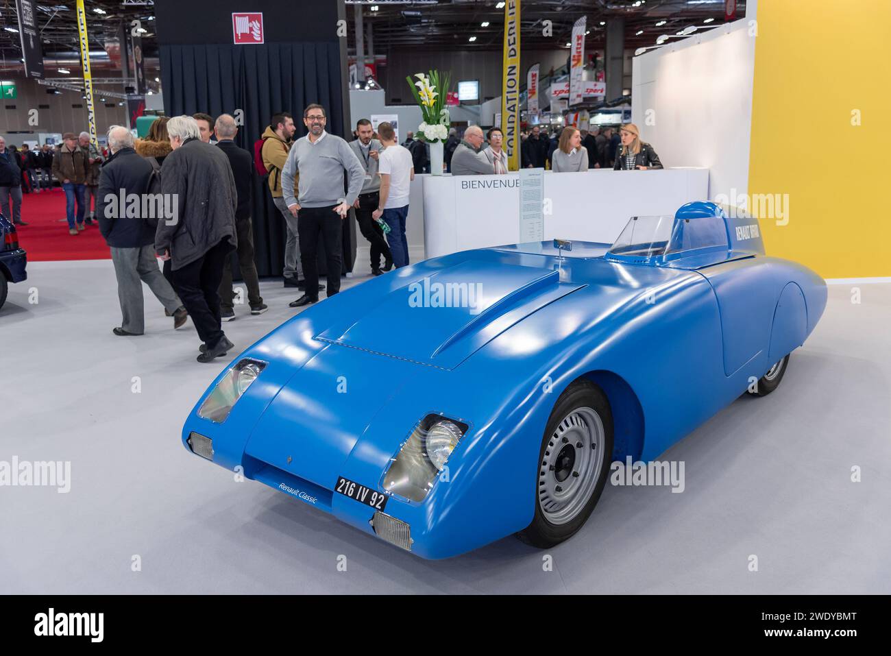 Focus on a blue 1956 Renault Riffard. Competition model designed by aerodynamic engineer Marcel Riffard and equipped with a Renault 4CV engine. Stock Photo