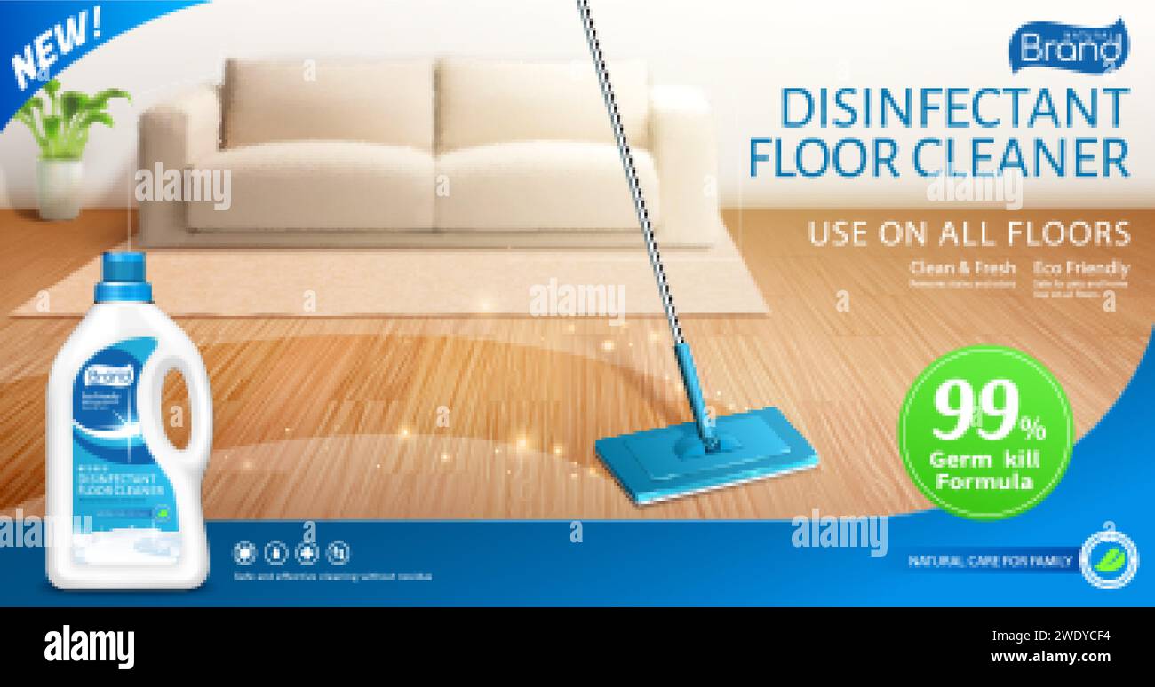 Ad banner template of bleach or floor cleaner. 3d illustration of