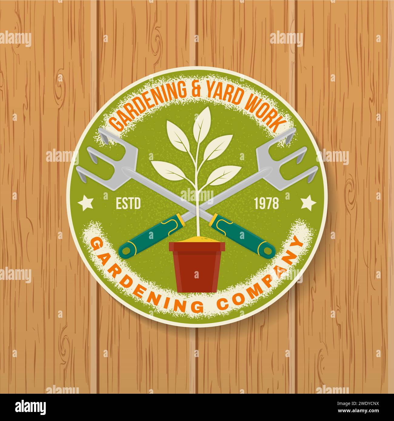 Gardening and yard work services emblem, label, patch, sticker. Vector illustration. For sign, patch, shirt design with hand garden rake, gardening Stock Vector