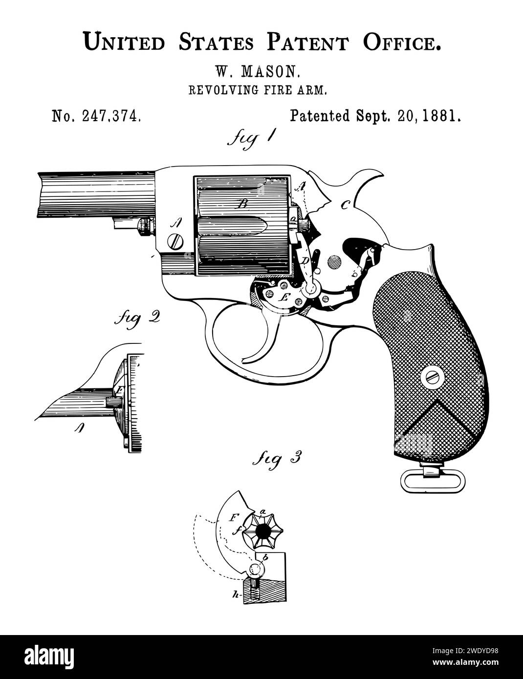 Vintage 1881 Revolver Fire Arm patent Stock Vector