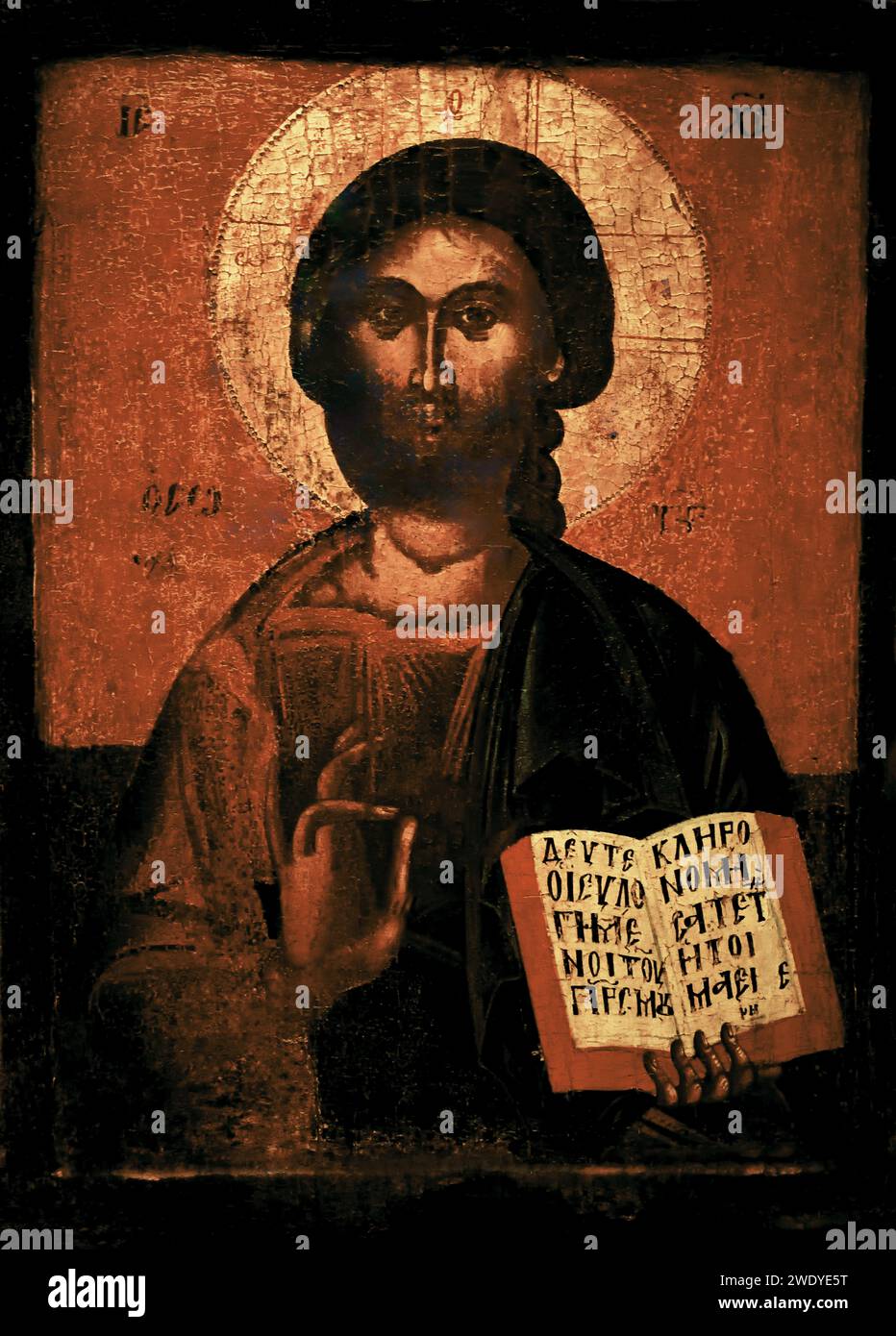 Byzantine Greece Large Christian Icon of Christ Pantokrator (Almighty), from a sanctuary screen, 16th Century Benaki Museum Athens Greece. Stock Photo