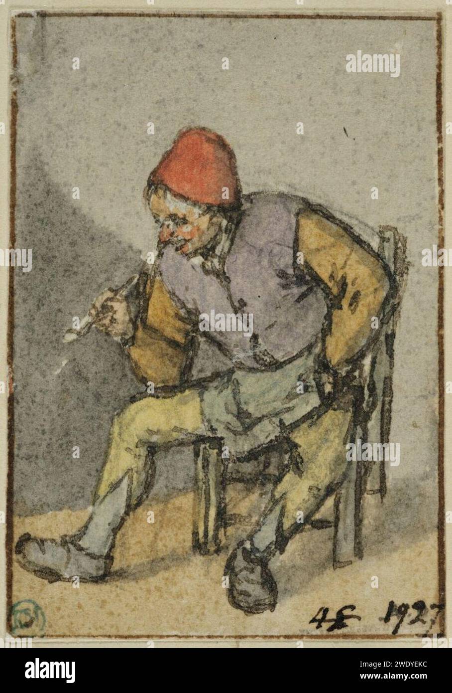 Adriaen van Ostade - Seated Peasant, Bending Forwards, a Pipe in his Right Hand Stock Photo