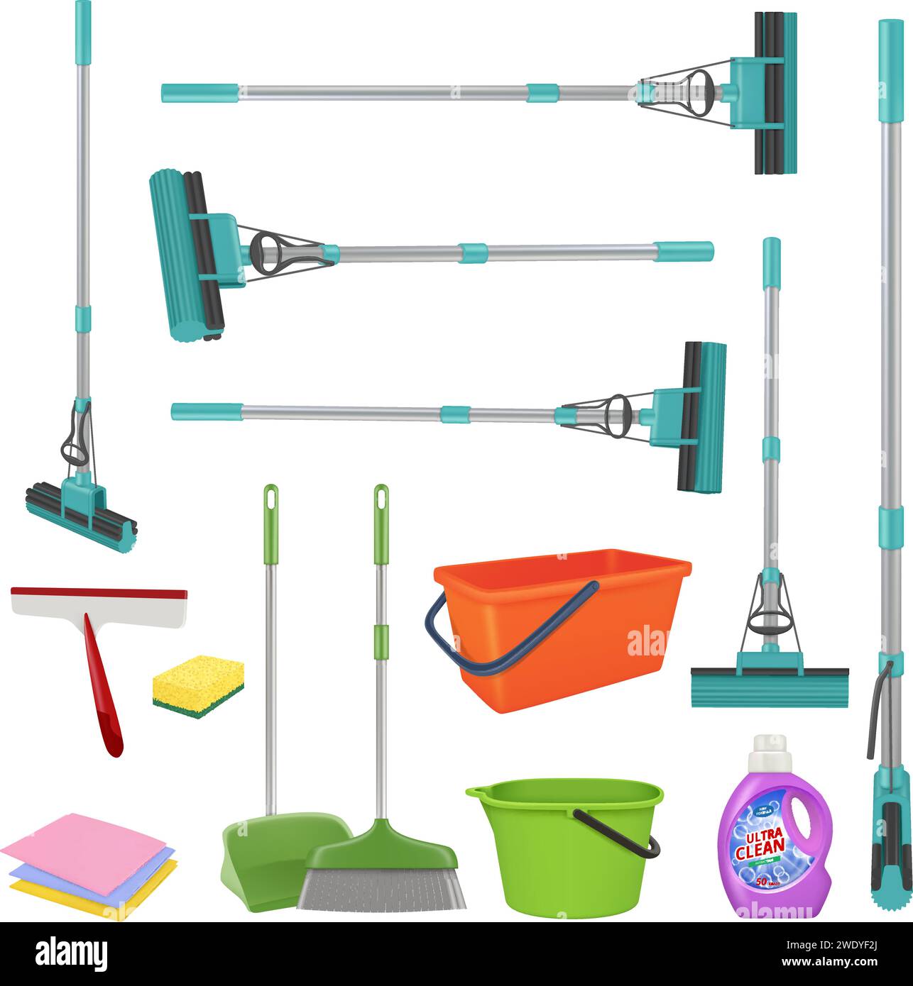 Home cleaning tools. Mops rags buckets cleaning detergent decent vector