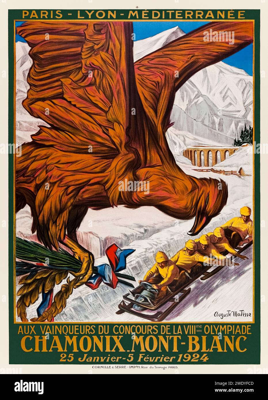 ‘Aux Vainqueurs du Concours de la VIII Olympiade Chamonix, Mont-Blanc 25 Janvier – 5 Fevrier 1924’ ['To the Winners of the Competition of the VIII Olympiad Chamonix, Mont Blanc 25 January – 5 February 1924] Poster showing an eagle holding a wreath and olive branches tied with French flag flying over a bobsleigh team with the mountain and railway bridge in the background. Artwork by Auguste Matisse (1866-1931) for Paris Lyon Mediteranée Company (PLM) railway. Stock Photo
