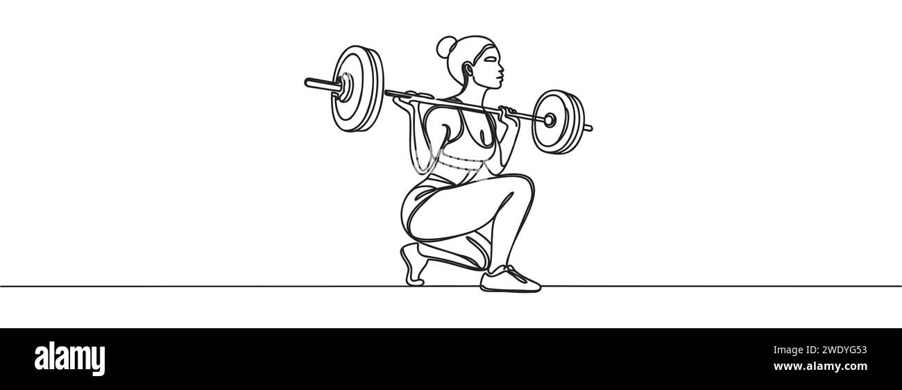Single continuous line drawing of a young girl with a barbell in the ...