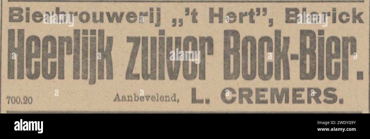 Advertentie brouwerij &amp;#39;t Hert Bock-bier, 1915 Stock Photo - Alamy