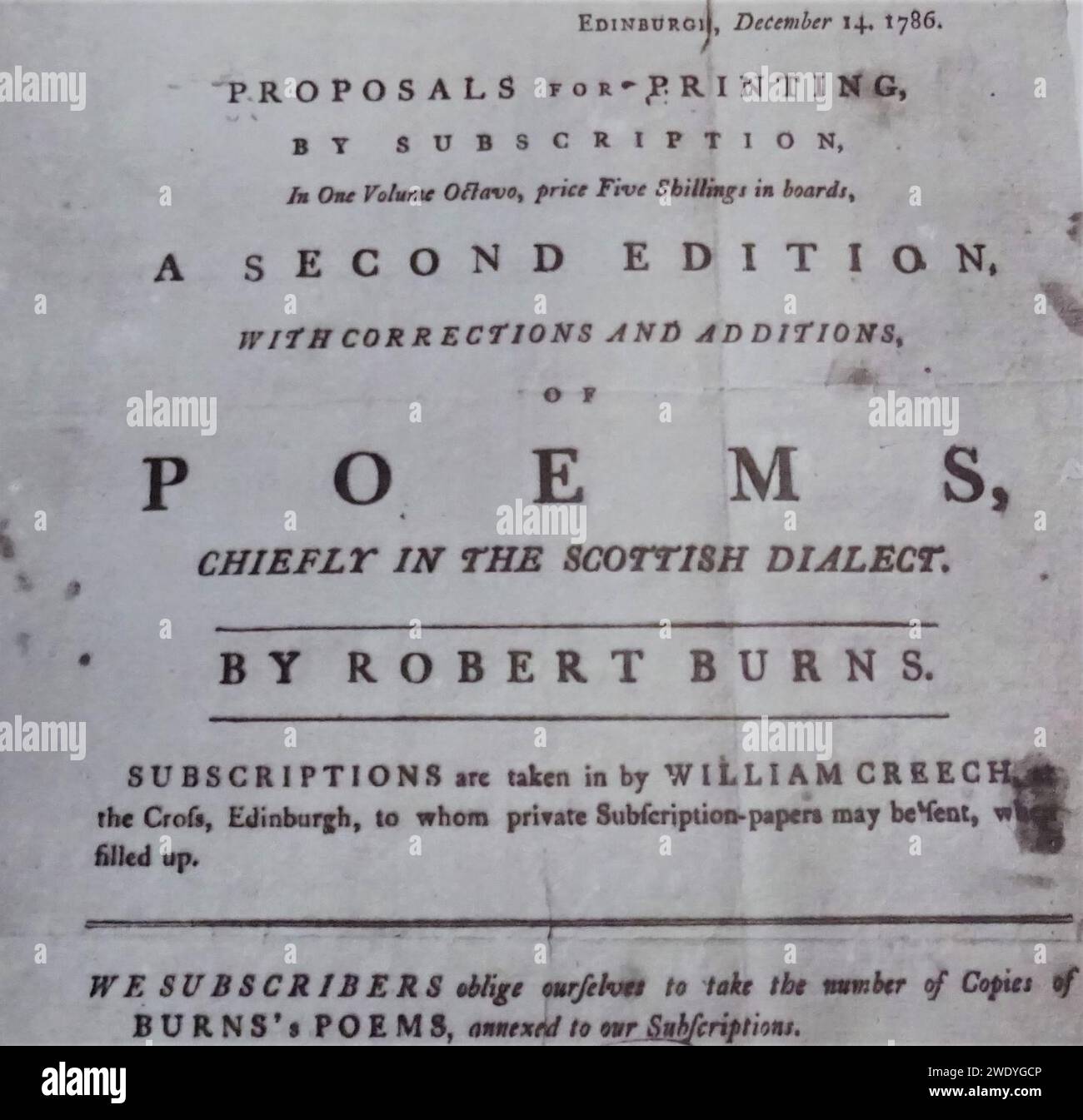 Advertisement for the Publication of Burns's 1787 Edinburgh Edition. Detail. Stock Photo
