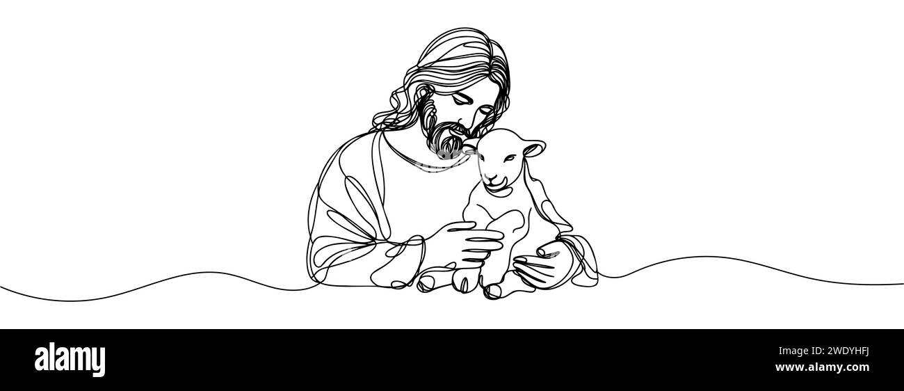 continuous drawing of Jesus Christ holding a lamb in his arms Stock