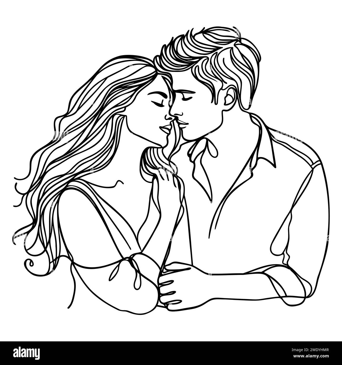 continuous drawing in one line of a guy and a girl in love hugging each ...