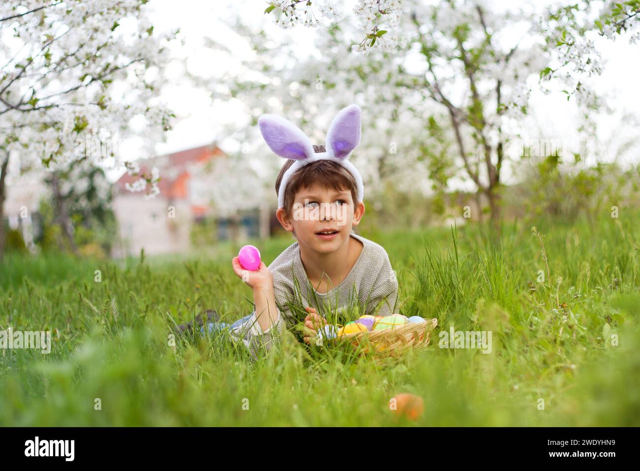 Easter egg hunt. Cute smiling boy in bunny ears lying on green grass with basket of Easter eggs at Easter egg hunt in garden. Portrait against backgro Stock Photo