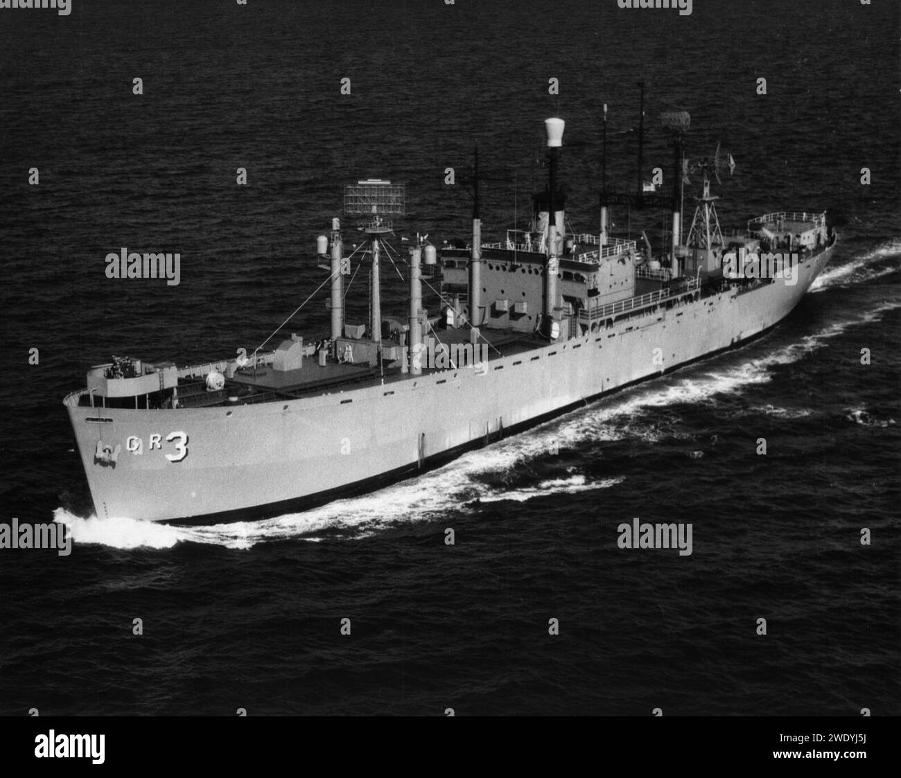 Aerial view of radar picket ship USS Skywatcher (ARG3) underway Stock