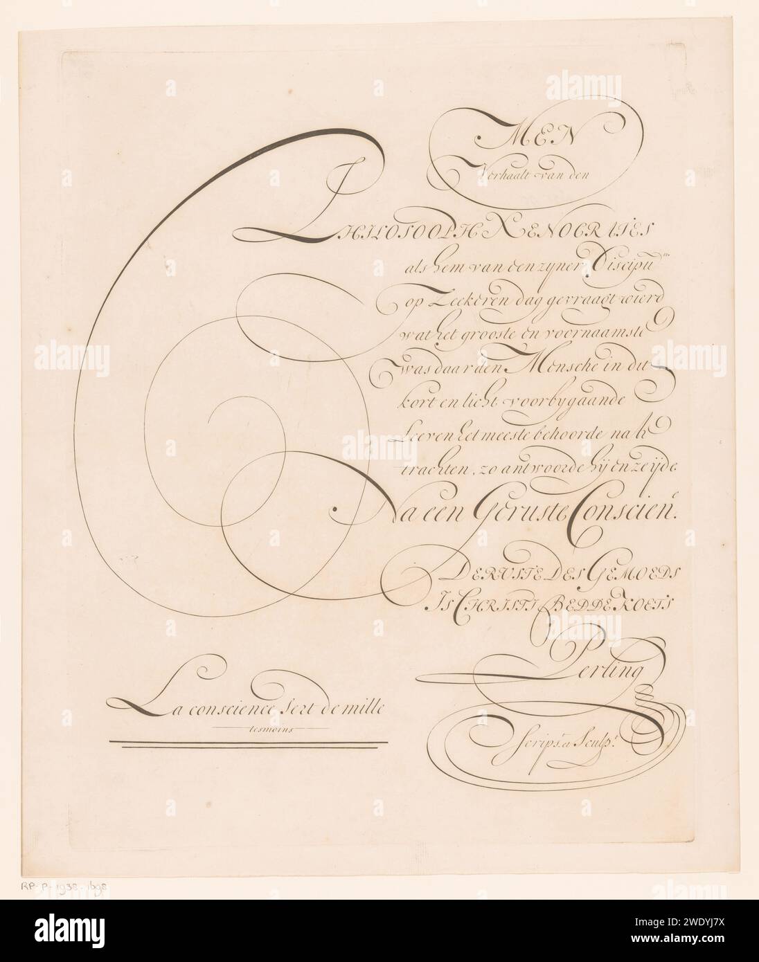 Den Calligraphy Writing example: one tells van den (...), Ambrosius Perling, 1667 ...