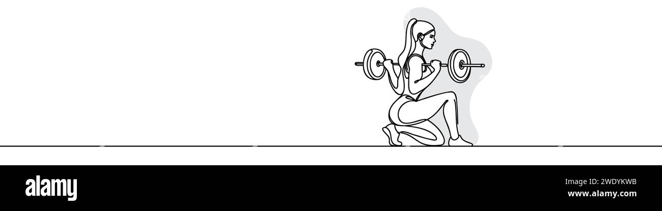 Single continuous line drawing of a young girl with a barbell in the ...