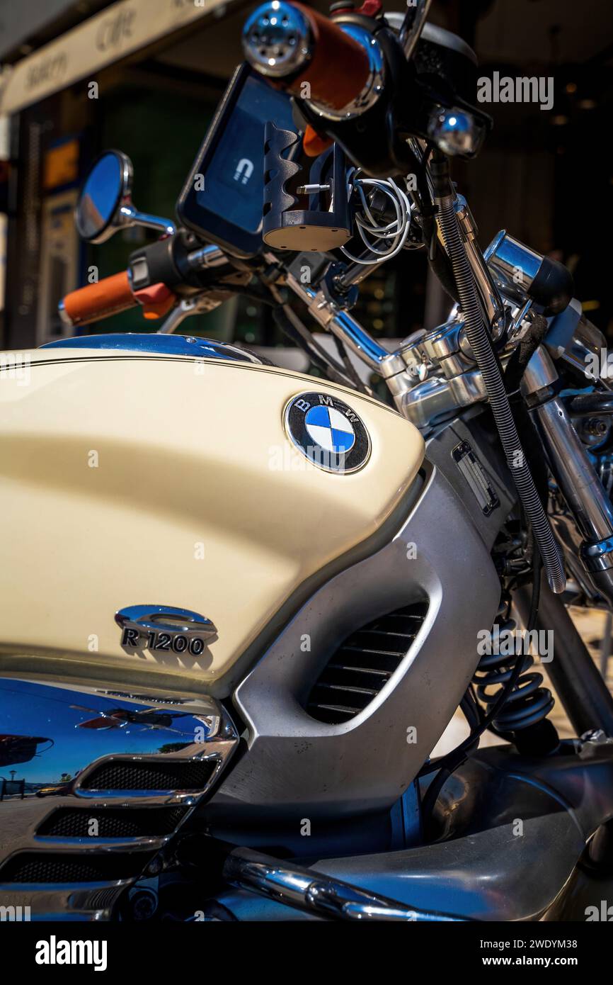 Zakynthos, Greece - September 25, 2022: Close up of BMW R1200C fuel