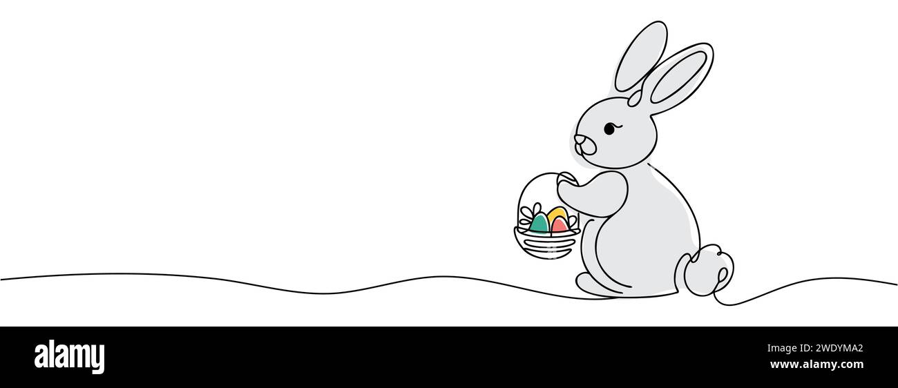 Easter bunny with colored eggs drawn in one line. Stock Vector