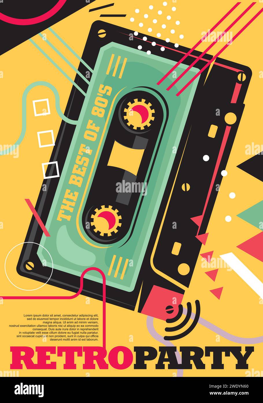 Colorful party invitation or card design template with audio tape an various shapes and elements. Music party event vector poster idea. Stock Vector
