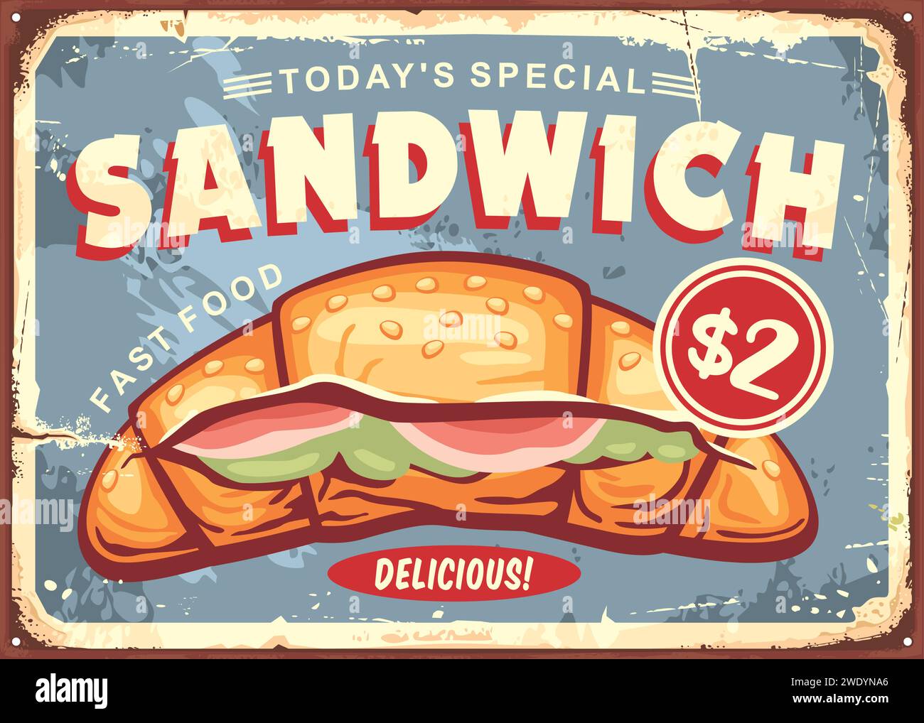 Delicious sandwich with fresh pastry, ham slices and green lettuce. Retro ad sign or poster for fast food menu. Restaurant vector sign. Stock Vector