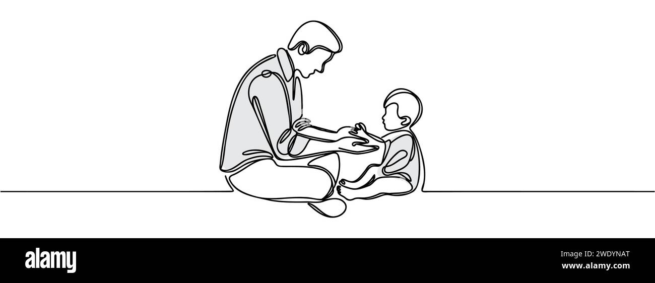 Happy dad playing with his little child in continuous line drawing ...