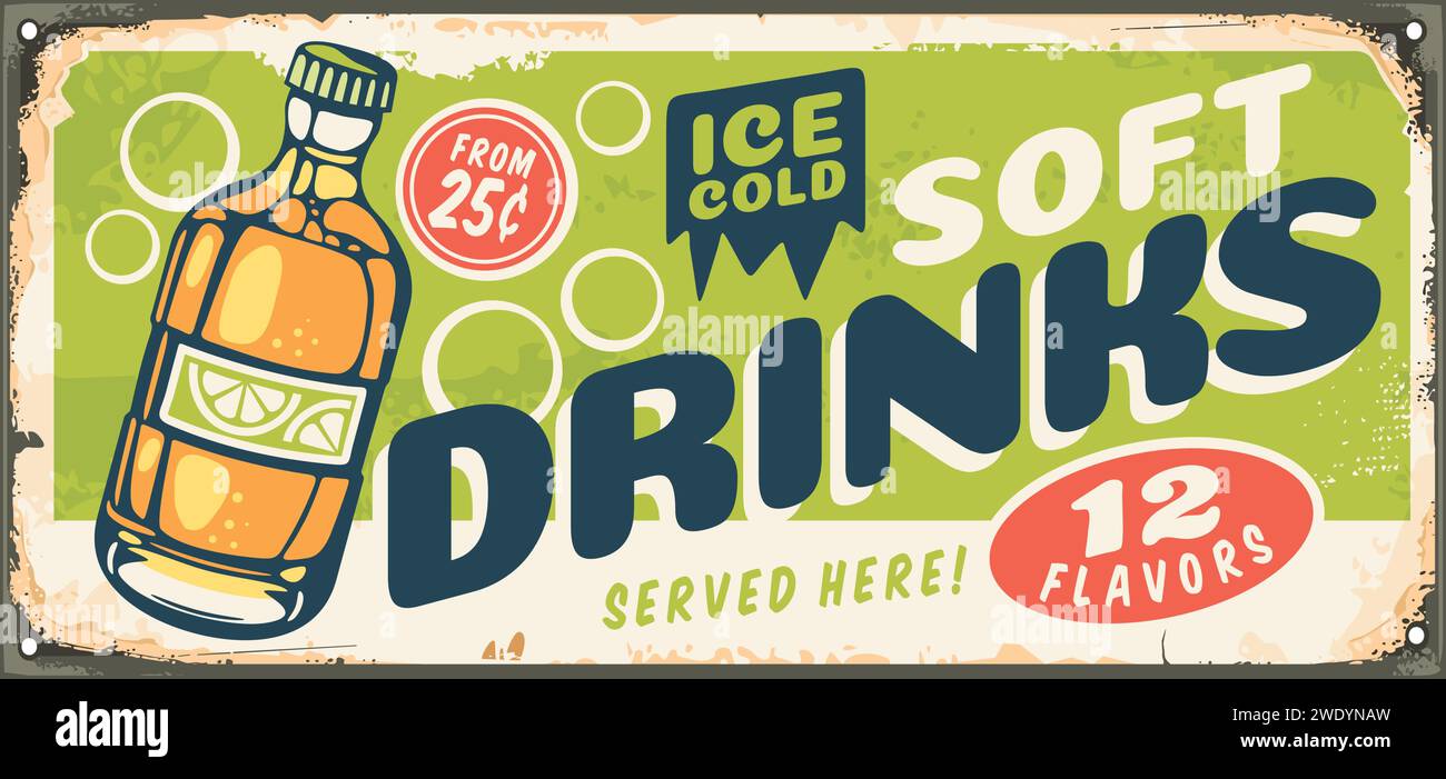 Ice cold soft drinks bottle retro sign design. Vintage signage for summer refreshments, orange juices and carbonated drinks. Vector nostalgia. Stock Vector