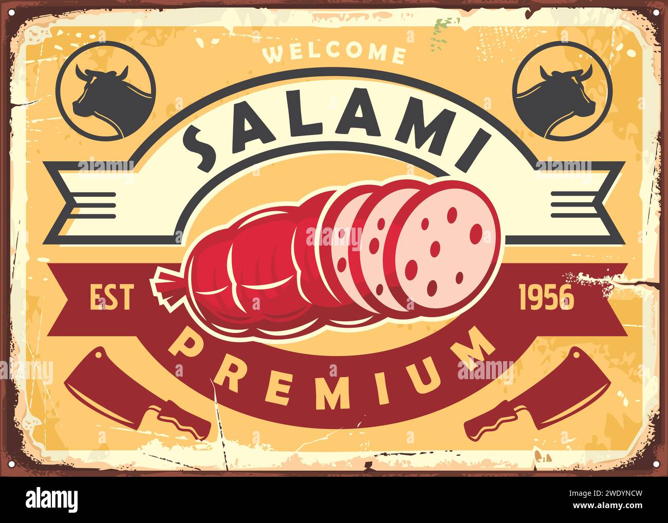 Salami retro sign design. Beef sausages vintage ad. Food vector illustration. Stock Vector