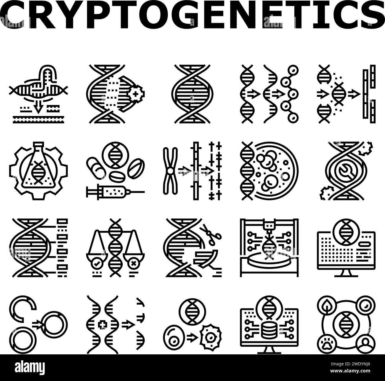 cryptogenetics dna gene helix icons set vector. genetic technology