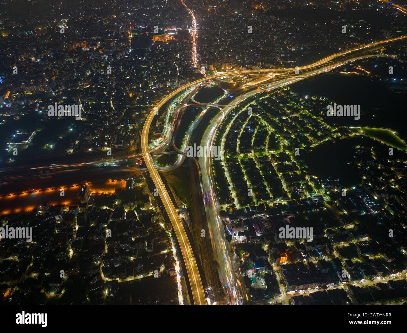 Aerial view of Dhaka Elevated Expressway at night in Dhaka, Bangladesh. Stock Photo