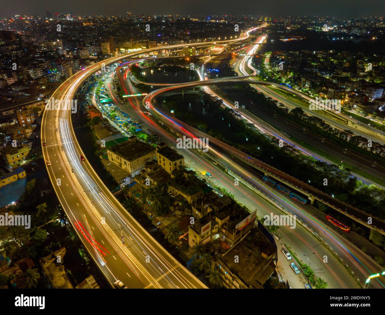 Aerial view of Dhaka Elevated Expressway at night in Dhaka, Bangladesh. Stock Photo