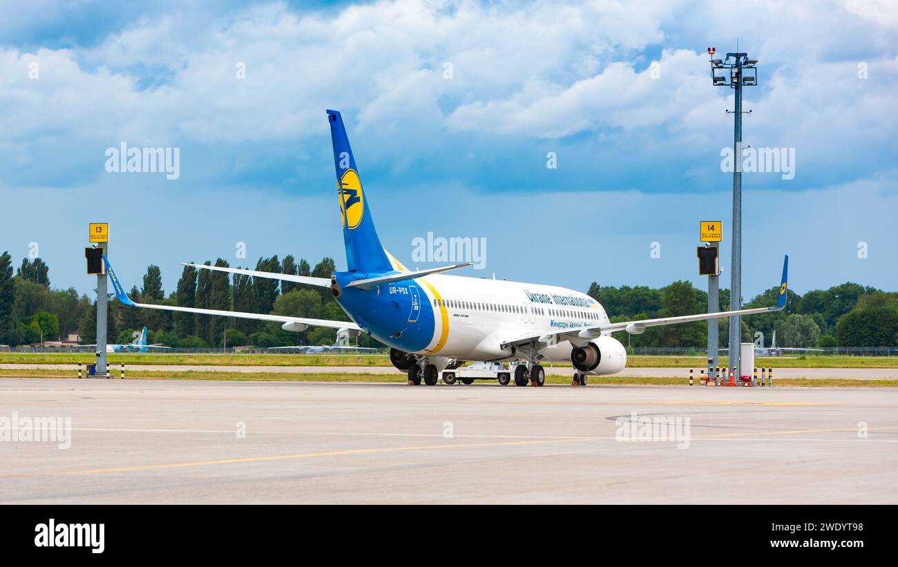 Boryspil, Ukraine - July 14, 2020: Airplane Boeing 737 (UR-PSX) of Ukraine International Airlines in Boryspil airport Stock Photo