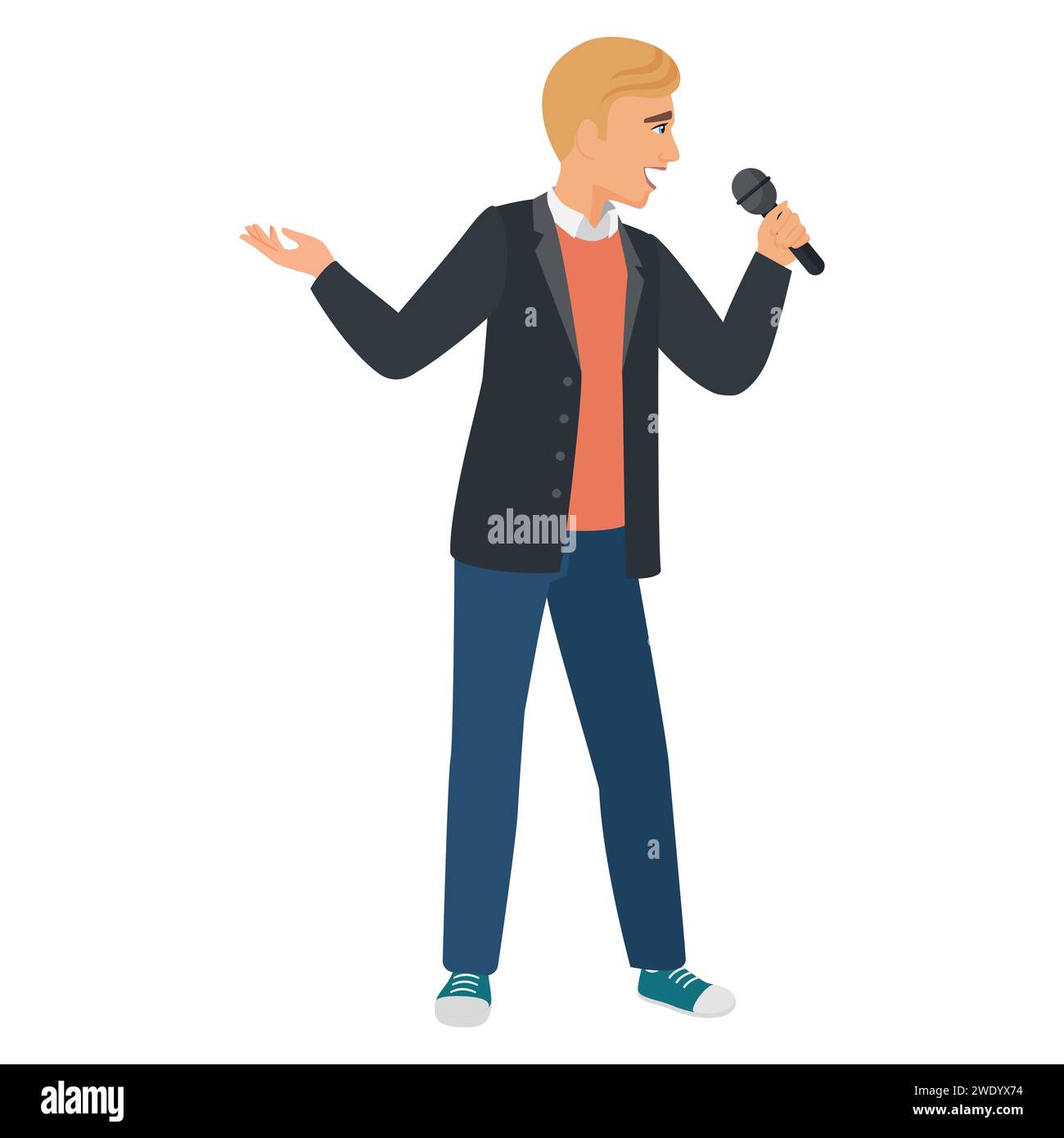 Man singing at karaoke party. Young man holding microphone cartoon vector illustration Stock Vector