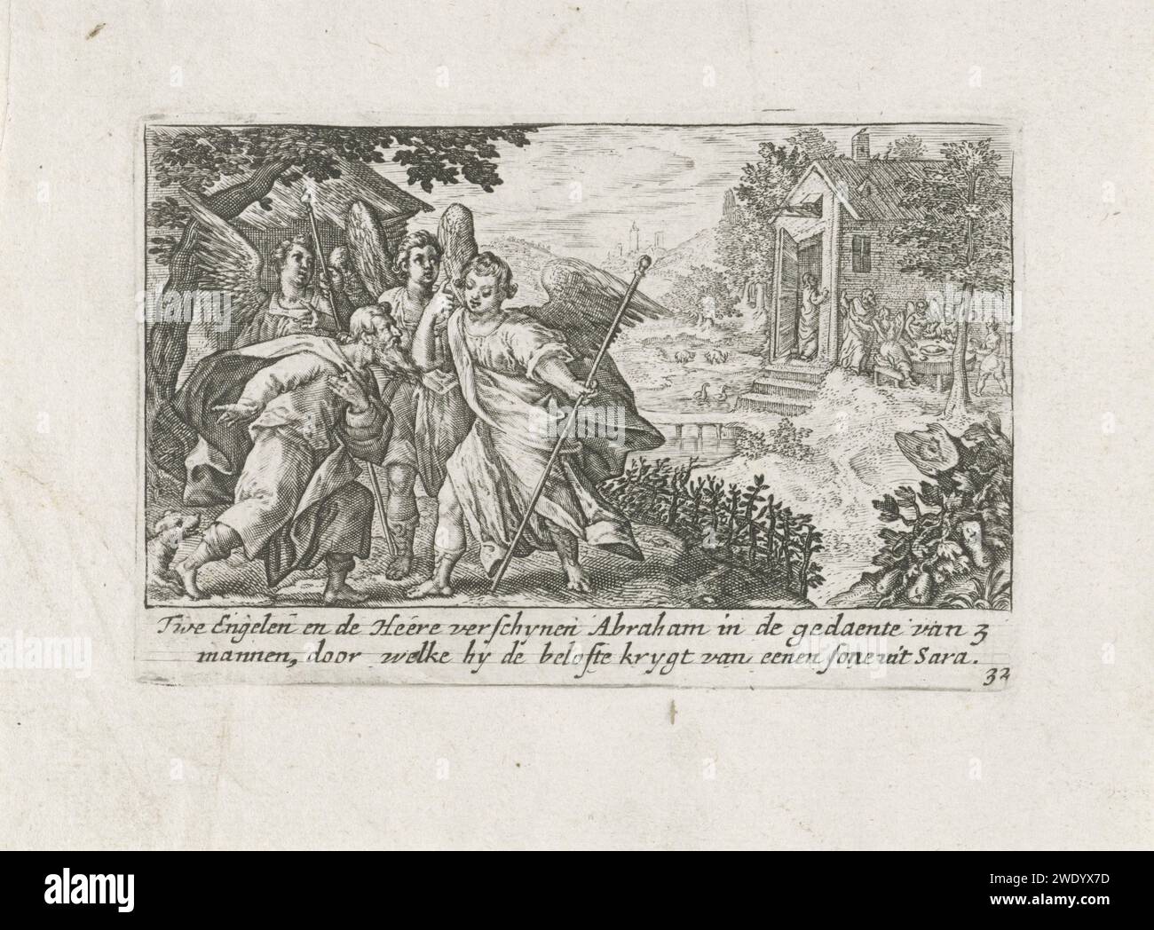 De Drie Engelen, Crispijn van de Passe (I), 1700 - 1750 print Abraham kneels for the three angels who visit him and predict that his wife Sara will have a son. In the margin a two -way caption in Dutch. print maker: Utrechtpublisher: Amsterdam paper engraving Abraham kneels before the angels Stock Photo