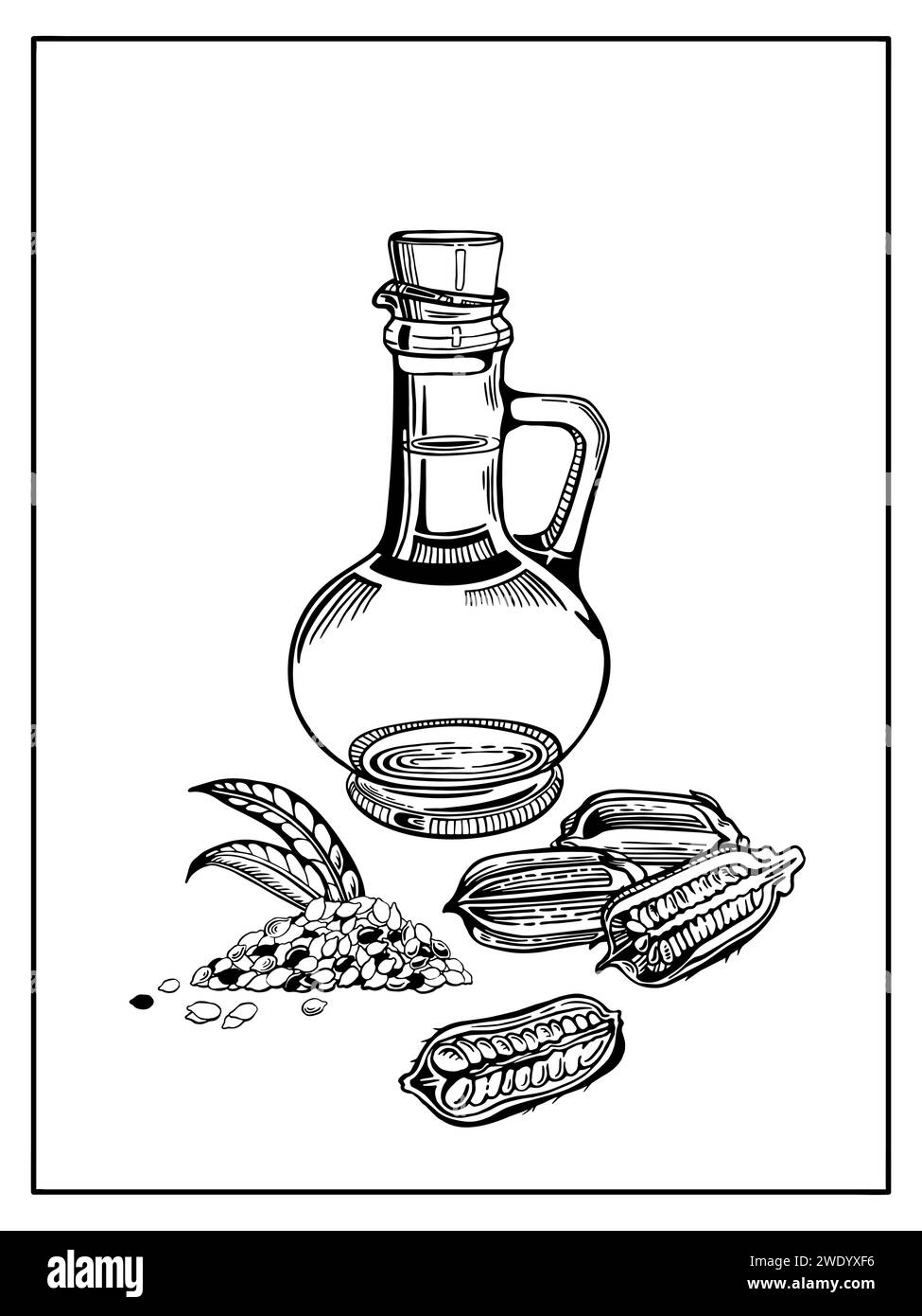 Vector black and white illustration of a bottle with sesame seeds, leaves, seed pods Stock Vector
