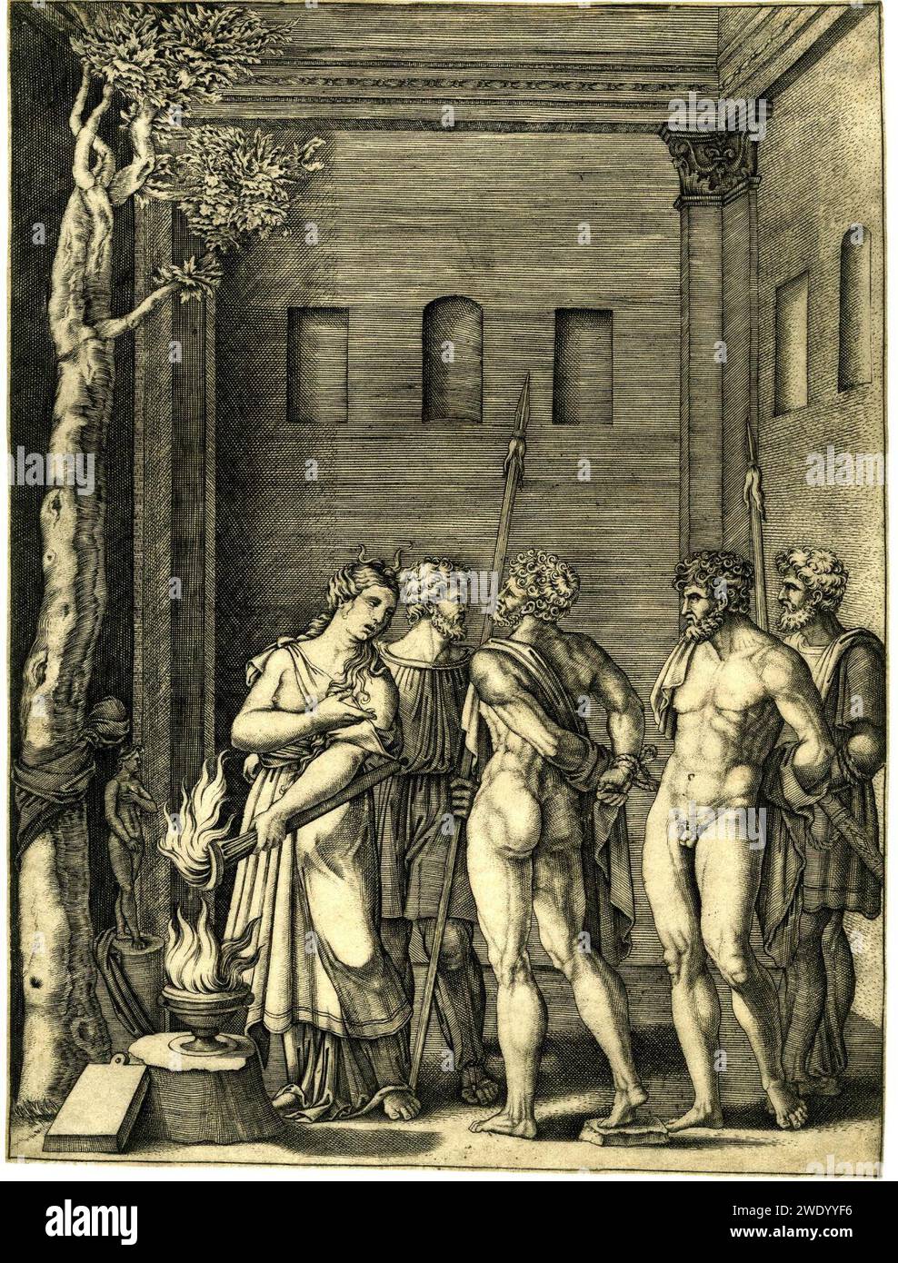 Agostino Veneziano - Iphigenia in a temple to Diana, lighting a torch at left, H,2.8. Stock Photo