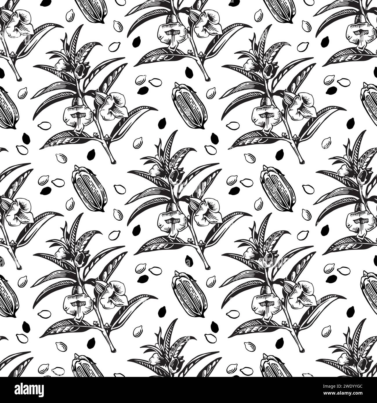 Floral seamless pattern. Black and white vector illustration with leaves and flowers. Stock Vector